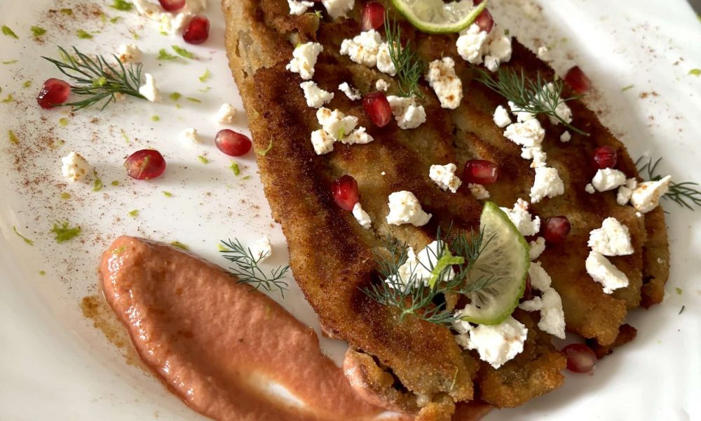 Aubergine panée, ketchup de rhubarbe