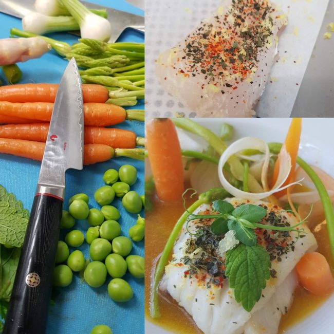 Pavé de Merlan, Bouillon à la mélisse, légumes primeurs