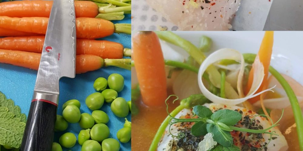 Pavé de Merlan, Bouillon à la mélisse, légumes primeurs