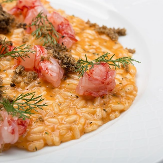 Risotto Carnaroli Campo Dell’Oste « Regina Vittoria » avec crevettes rouges de Sicile Franciacorta et thym